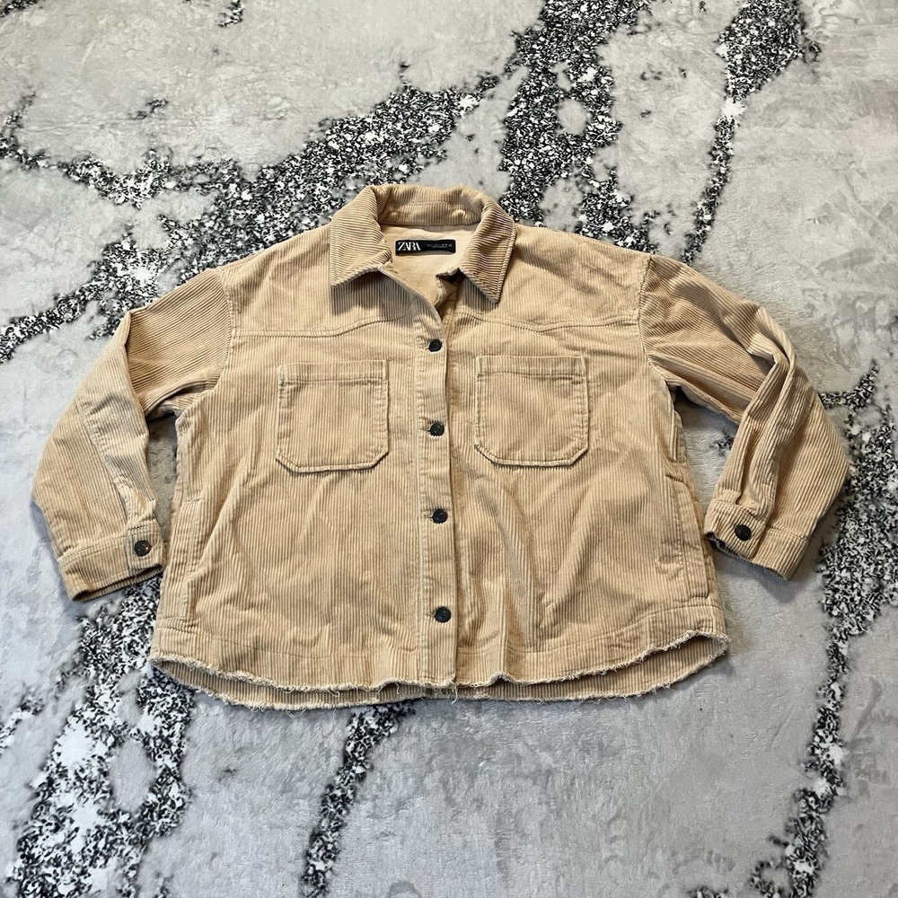 Zara Corduroy‎ Shacket Womens Large Oversized Shirt Jacket Tan Raw Hem Boyfriend
